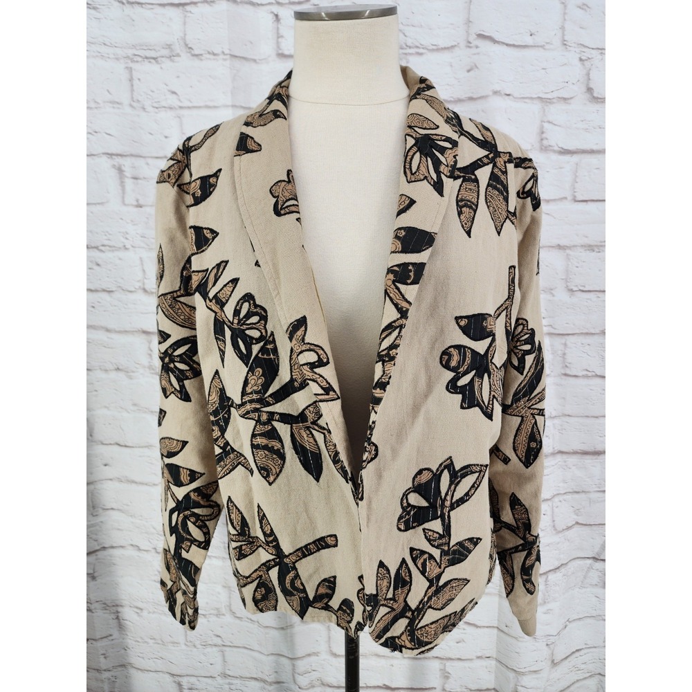 Coldwater Creek Linen Blend Jacket Open Front Floral Applique Classic Chic Large